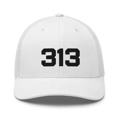 Detroit '313' Trucker Hat | White/Black Embroidery - Circumspice Michigan