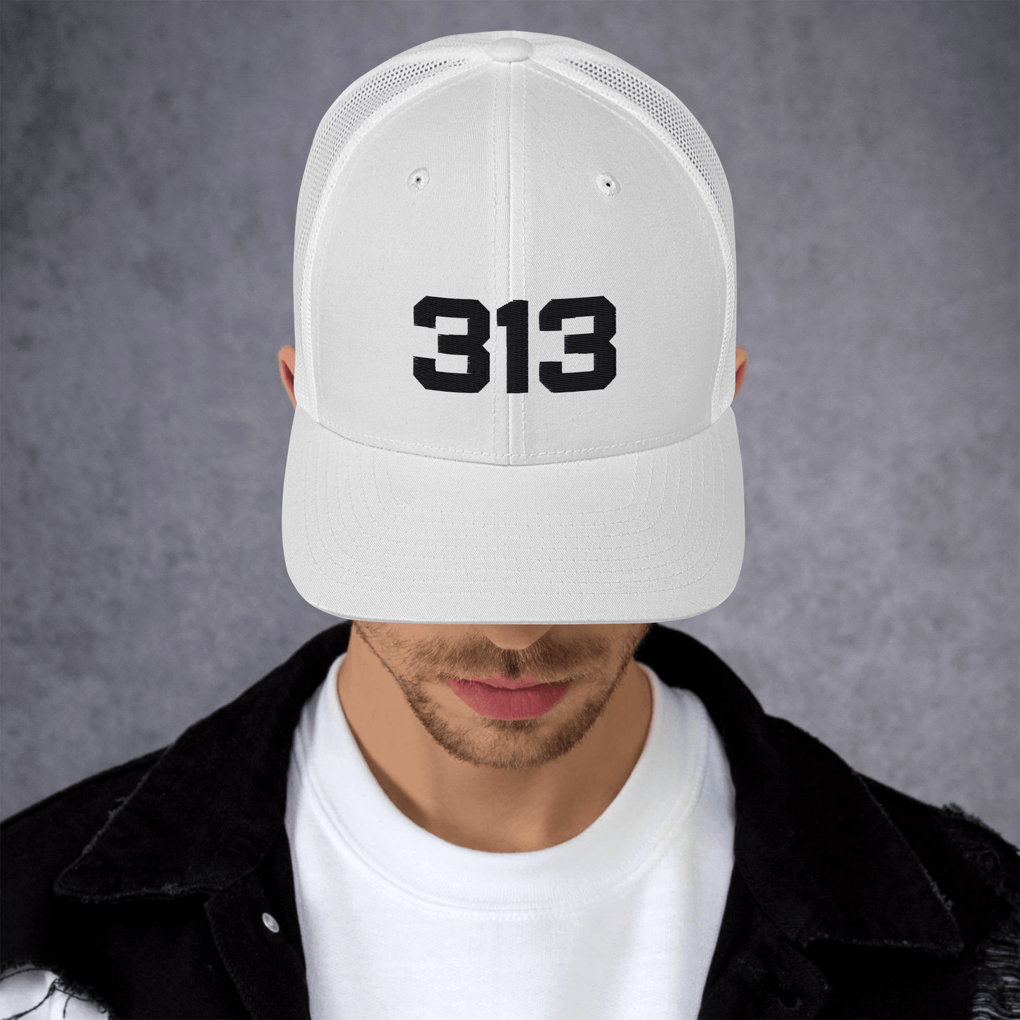 Detroit '313' Trucker Hat | White/Black Embroidery - Circumspice Michigan