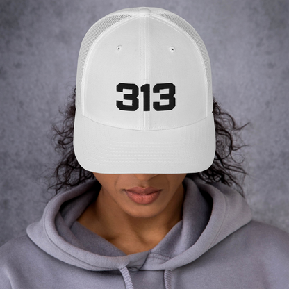 Detroit '313' Trucker Hat | White/Black Embroidery