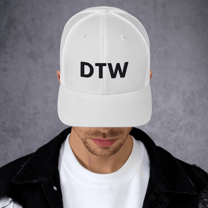 Detroit 'DTW' Trucker Hat | White/Black Embroidery - Circumspice Michigan