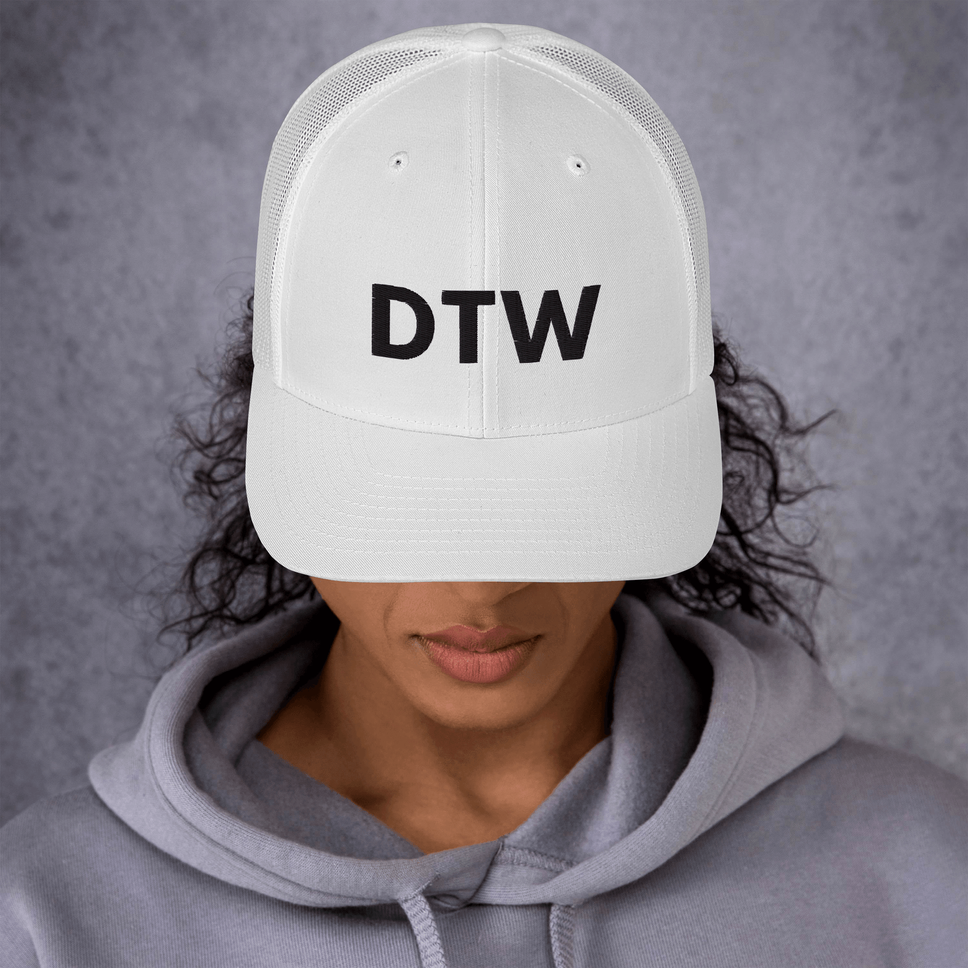 Detroit 'DTW' Trucker Hat | White/Black Embroidery - Circumspice Michigan