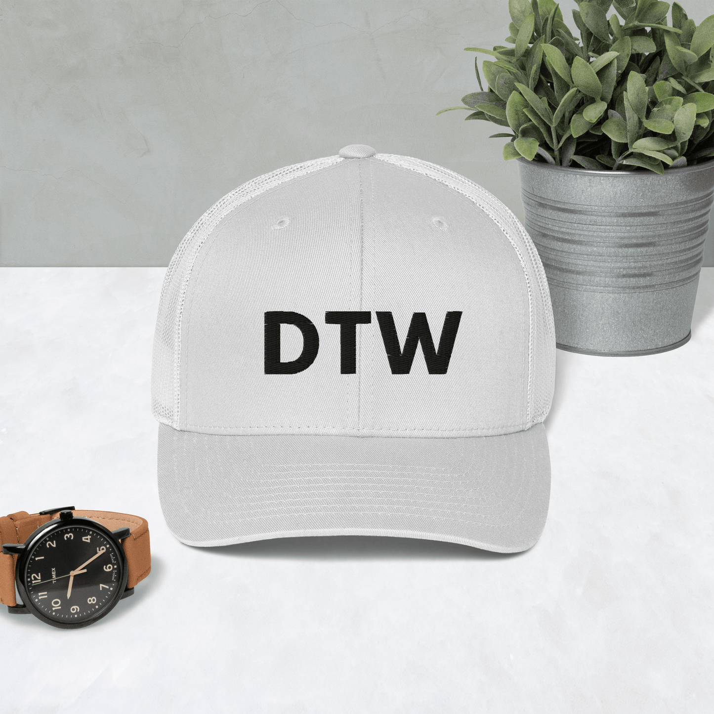 Detroit 'DTW' Trucker Hat | White/Black Embroidery - Circumspice Michigan