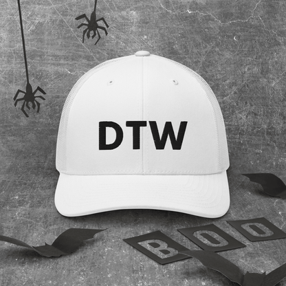 Detroit 'DTW' Trucker Hat | White/Black Embroidery - Circumspice Michigan