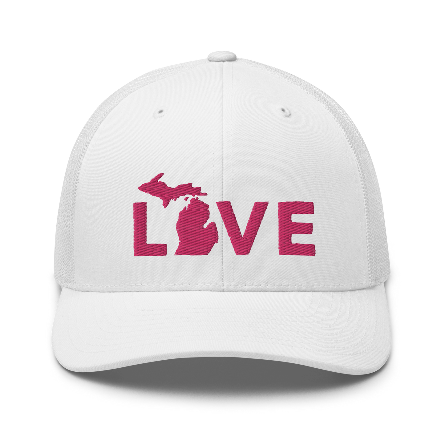 Michigan 'Love' Trucker Hat (Geometric Sans Font) | Pink Embrodiery