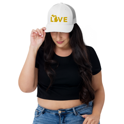 Michigan 'Love' Trucker Hat (Geometric Sans Font) | Gold Embroidery