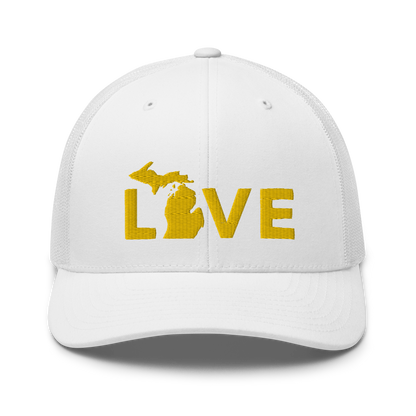 Michigan 'Love' Trucker Hat (Geometric Sans Font) | Gold Embroidery