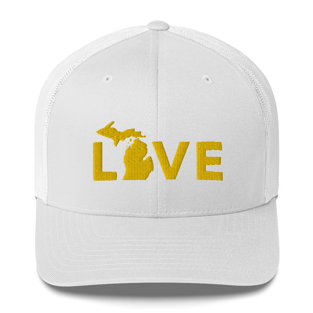 Michigan 'Love' Trucker Hat (Geometric Sans Font) | Gold Embroidery