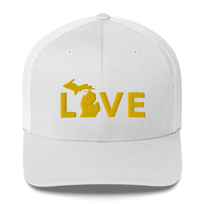 Michigan 'Love' Trucker Hat (Geometric Sans Font) | Gold Embroidery