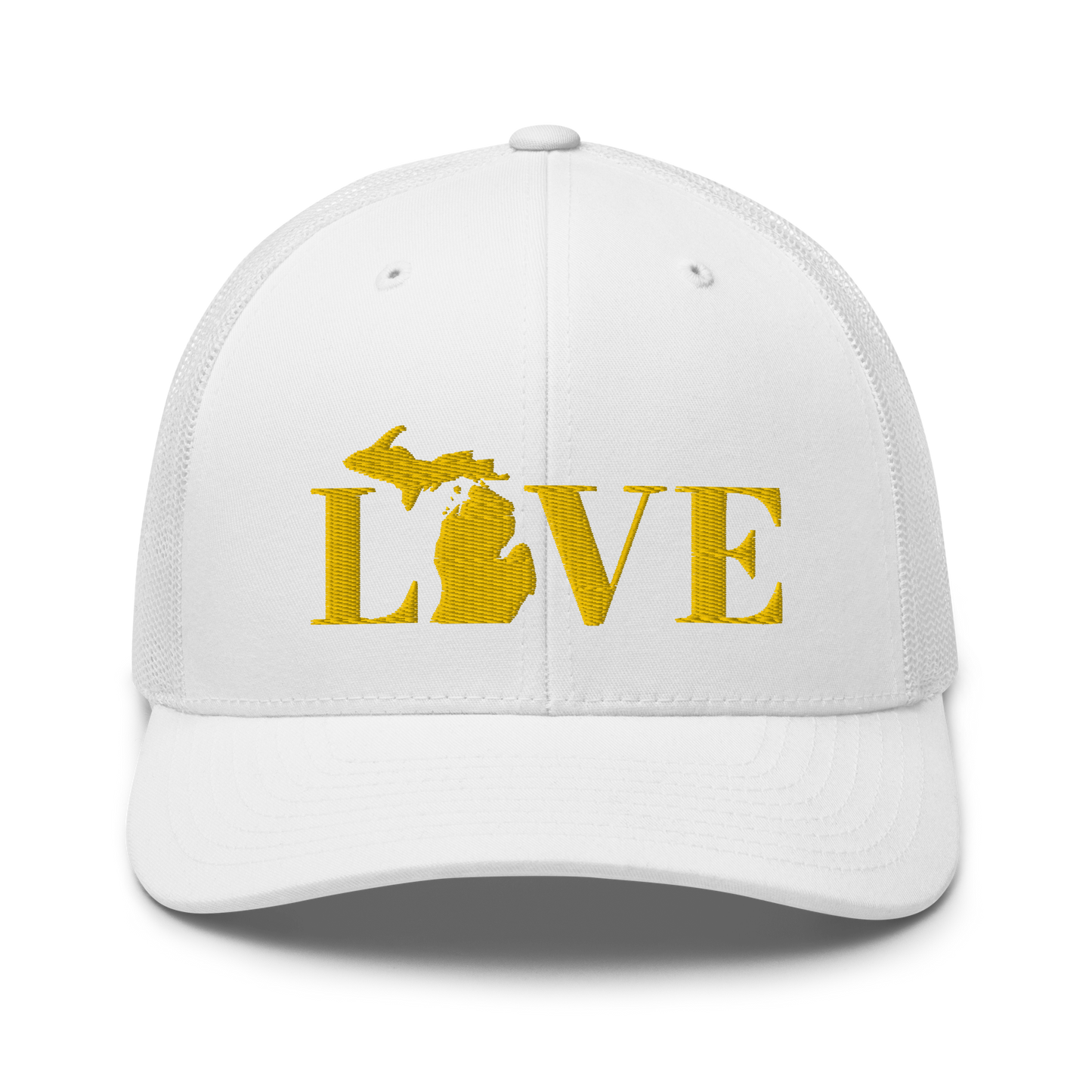 Michigan 'Love' Trucker Hat (Didone Font) | Gold Embroidery