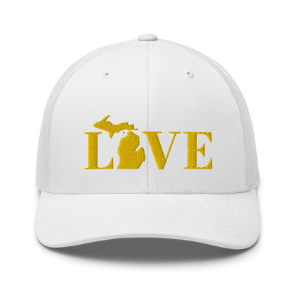 Michigan 'Love' Trucker Hat (Didone Font) | Gold Embroidery