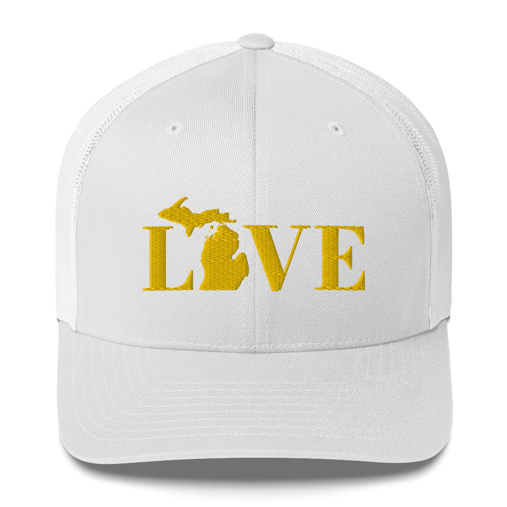 Michigan 'Love' Trucker Hat (Didone Font) | Gold Embroidery