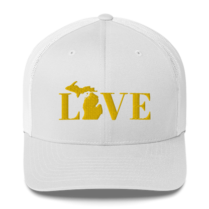 Michigan 'Love' Trucker Hat (Didone Font) | Gold Embroidery