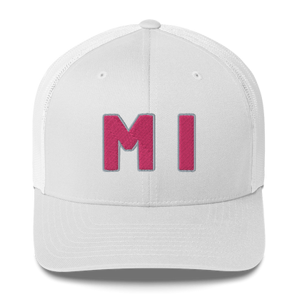 Michigan 'MI' Trucker Hat (1940s Baseball Font) | Pink Embroidery