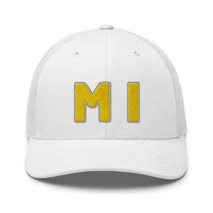 Michigan 'MI' Trucker Hat (1940s Baseball Font) | Gold Embroidery