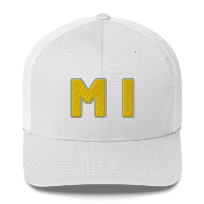 Michigan 'MI' Trucker Hat (1940s Baseball Font) | Gold Embroidery