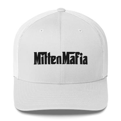 Michigan 'MittenMafia' Trucker Hat (Gangster Font) White/Black Embroidery