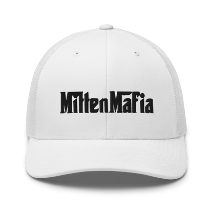 Michigan 'MittenMafia' Trucker Hat (Gangster Font) White/Black Embroidery