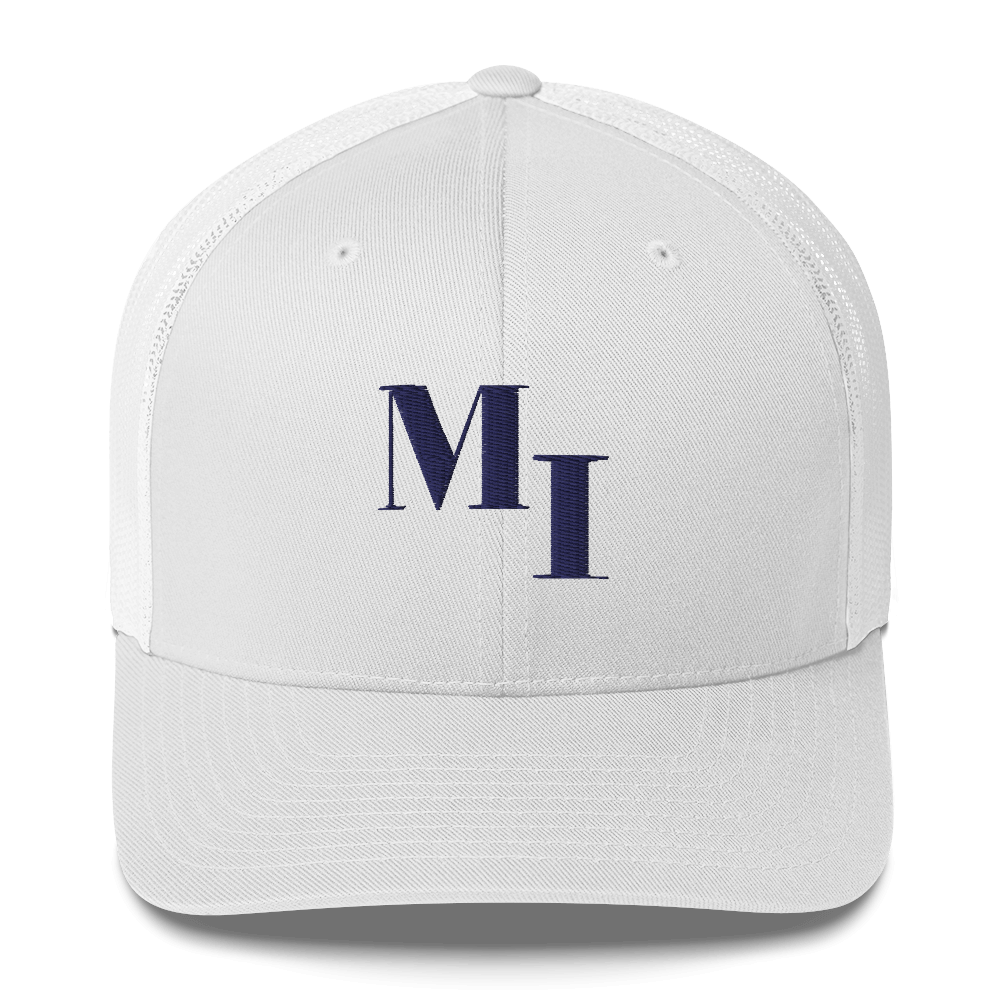 Michigan 'MI' Trucker Hat (Didone Logotype) | White/Navy Embroidery