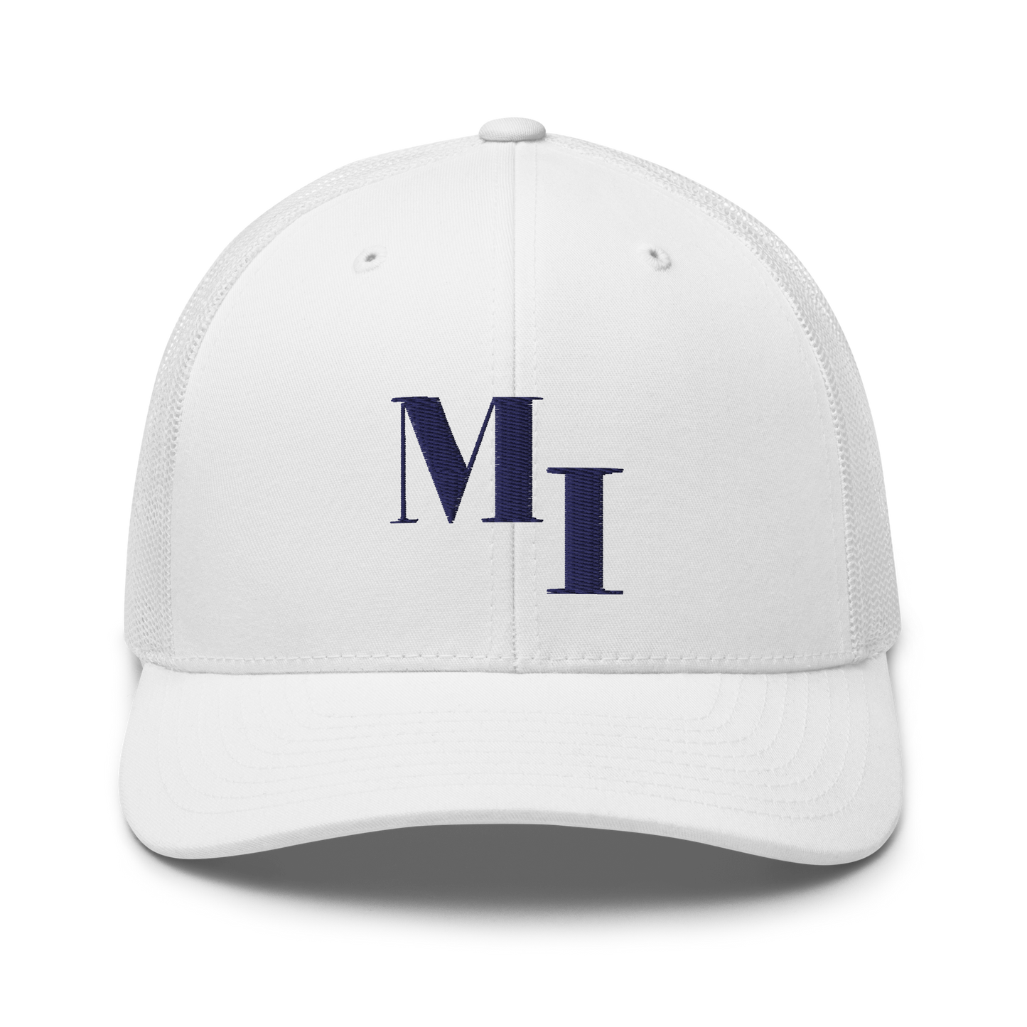 Michigan 'MI' Trucker Hat (Didone Logotype) | White/Navy Embroidery