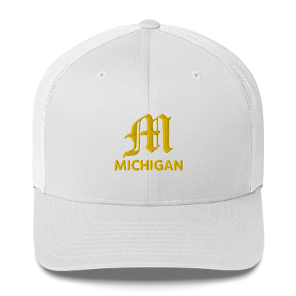 'Michigan' Trucker Hat (w/ 'Old English M') | Gold Embroidery