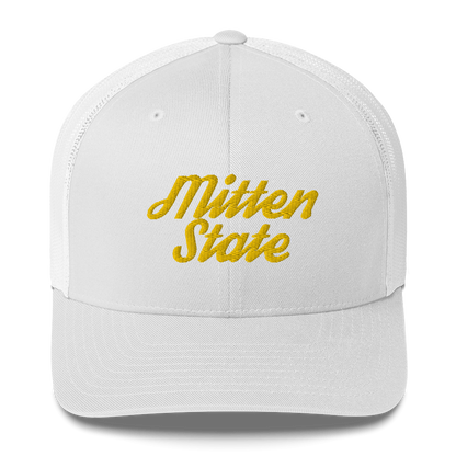 Michigan 'Mitten State' Trucker Hat (Script Font) | Gold Embroidery