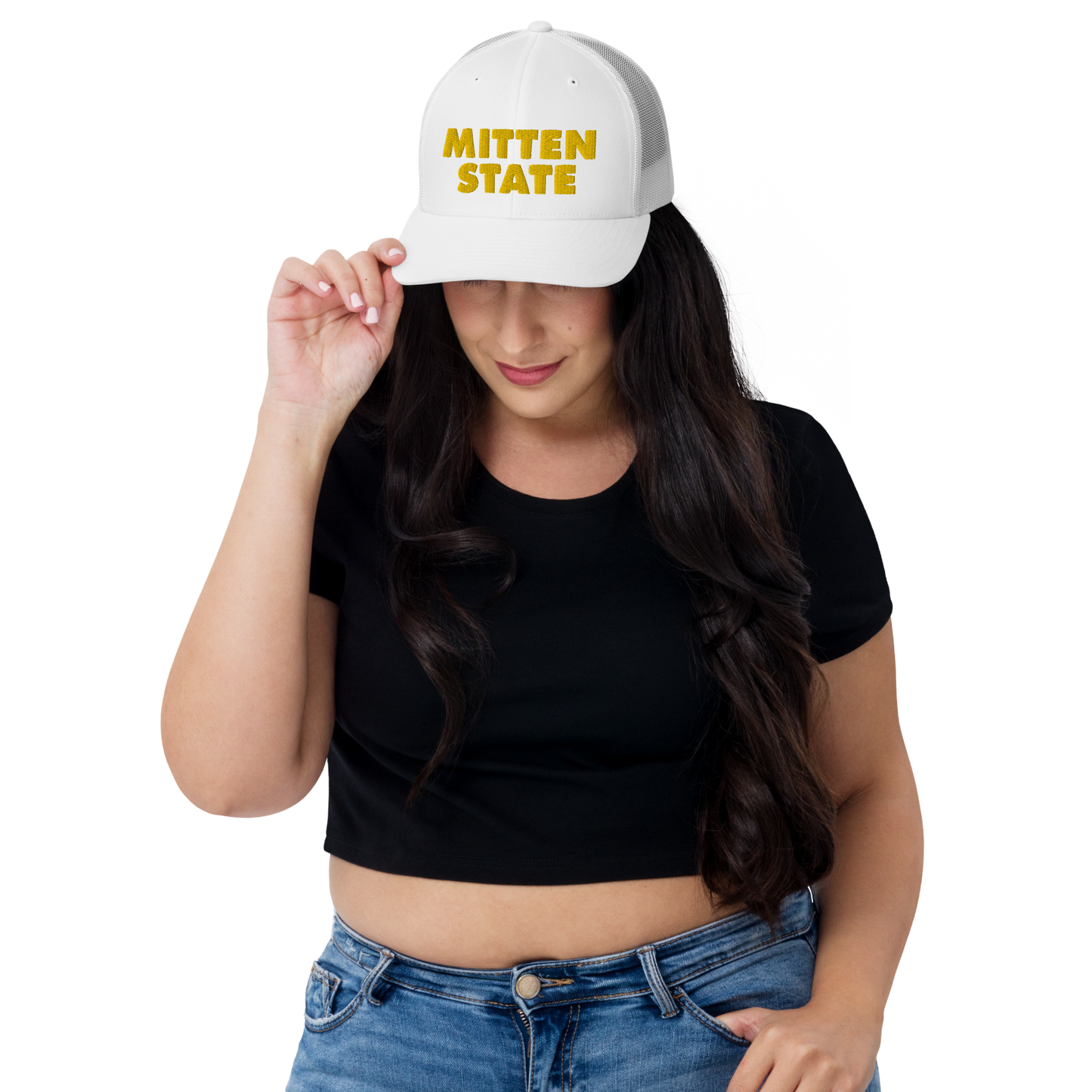 Michigan 'Mitten State' Trucker Hat (Geometric Sans Font) | Gold Embroidery