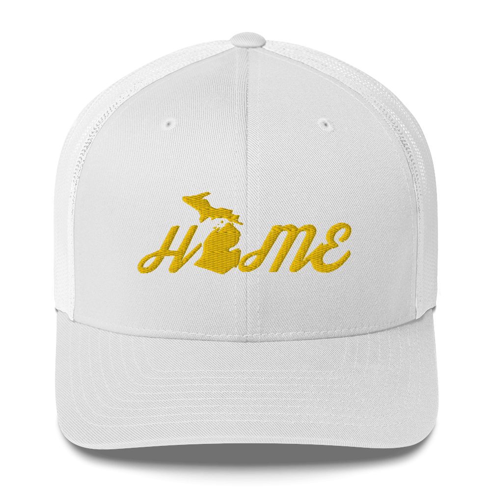 Michigan 'Home' Trucker Hat (Script Font) | Gold Embroidery