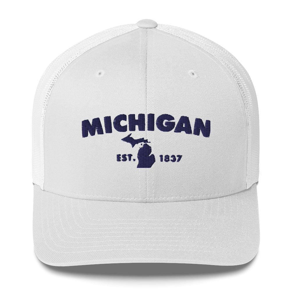 'Michigan EST 1837' Trucker Hat (Geometric Sans Font)