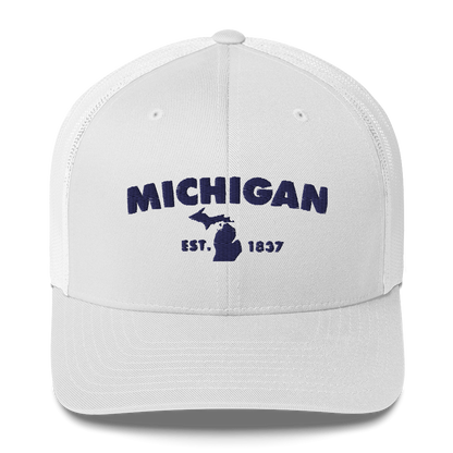 'Michigan EST 1837' Trucker Hat (Geometric Sans Font)