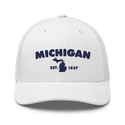 'Michigan EST 1837' Trucker Hat (Geometric Sans Font)