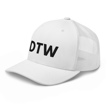 Detroit 'DTW' Trucker Hat | White/Black Embroidery - Circumspice Michigan