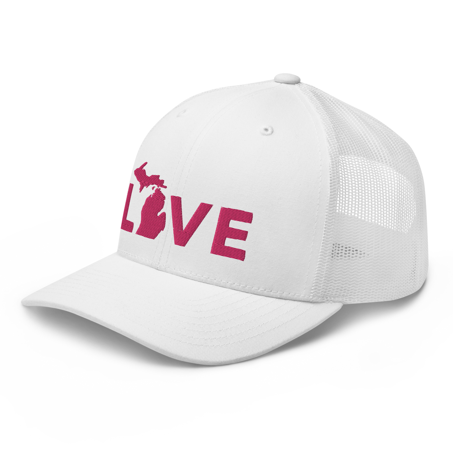 Michigan 'Love' Trucker Hat (Geometric Sans Font) | Pink Embrodiery