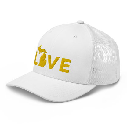 Michigan 'Love' Trucker Hat (Geometric Sans Font) | Gold Embroidery