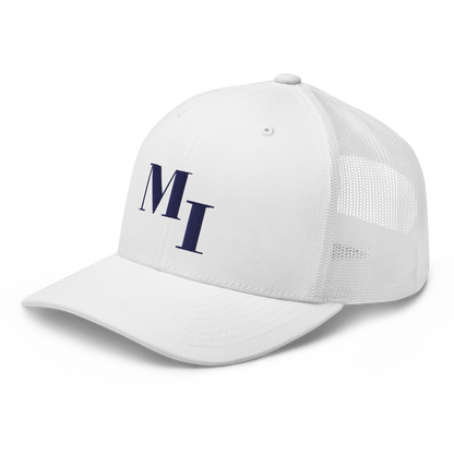 Michigan 'MI' Trucker Hat (Didone Logotype) | White/Navy Embroidery