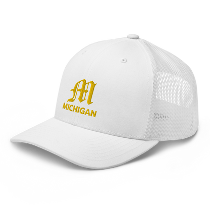 'Michigan' Trucker Hat (w/ 'Old English M') | Gold Embroidery