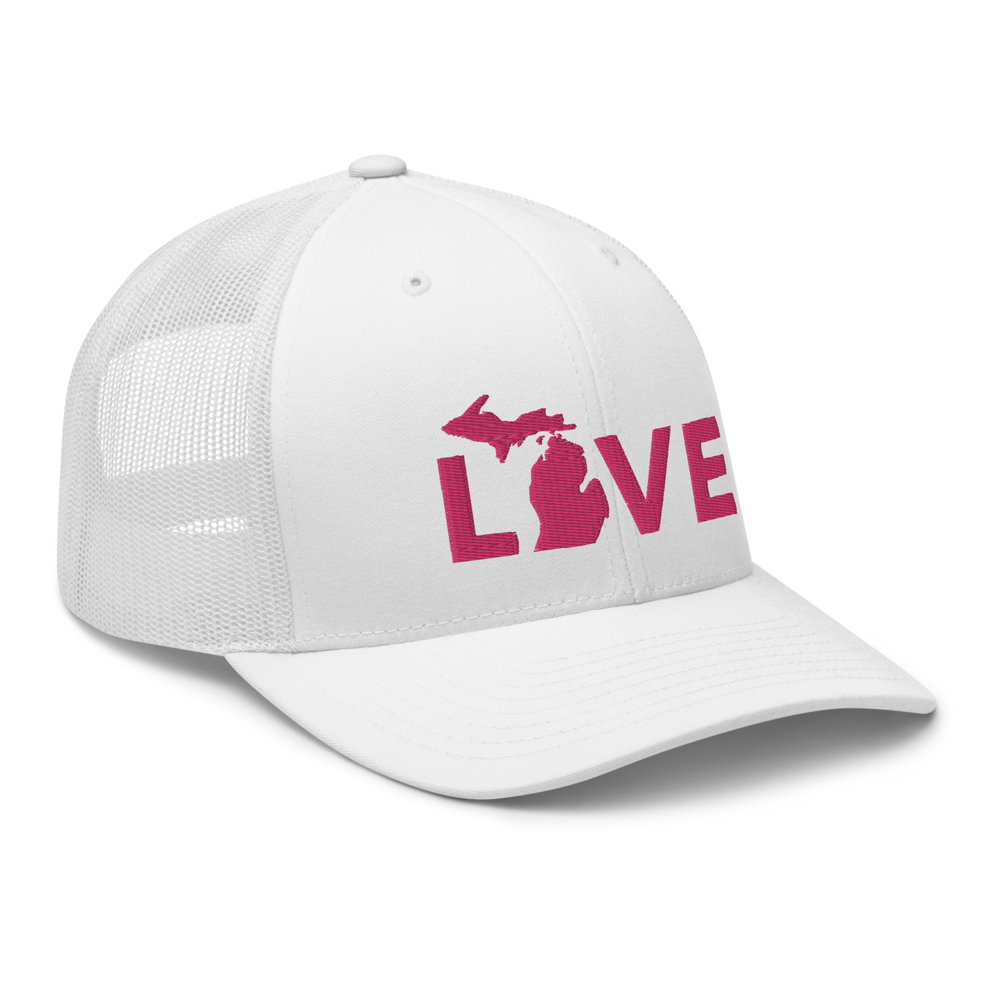 Michigan 'Love' Trucker Hat (Geometric Sans Font) | Pink Embrodiery