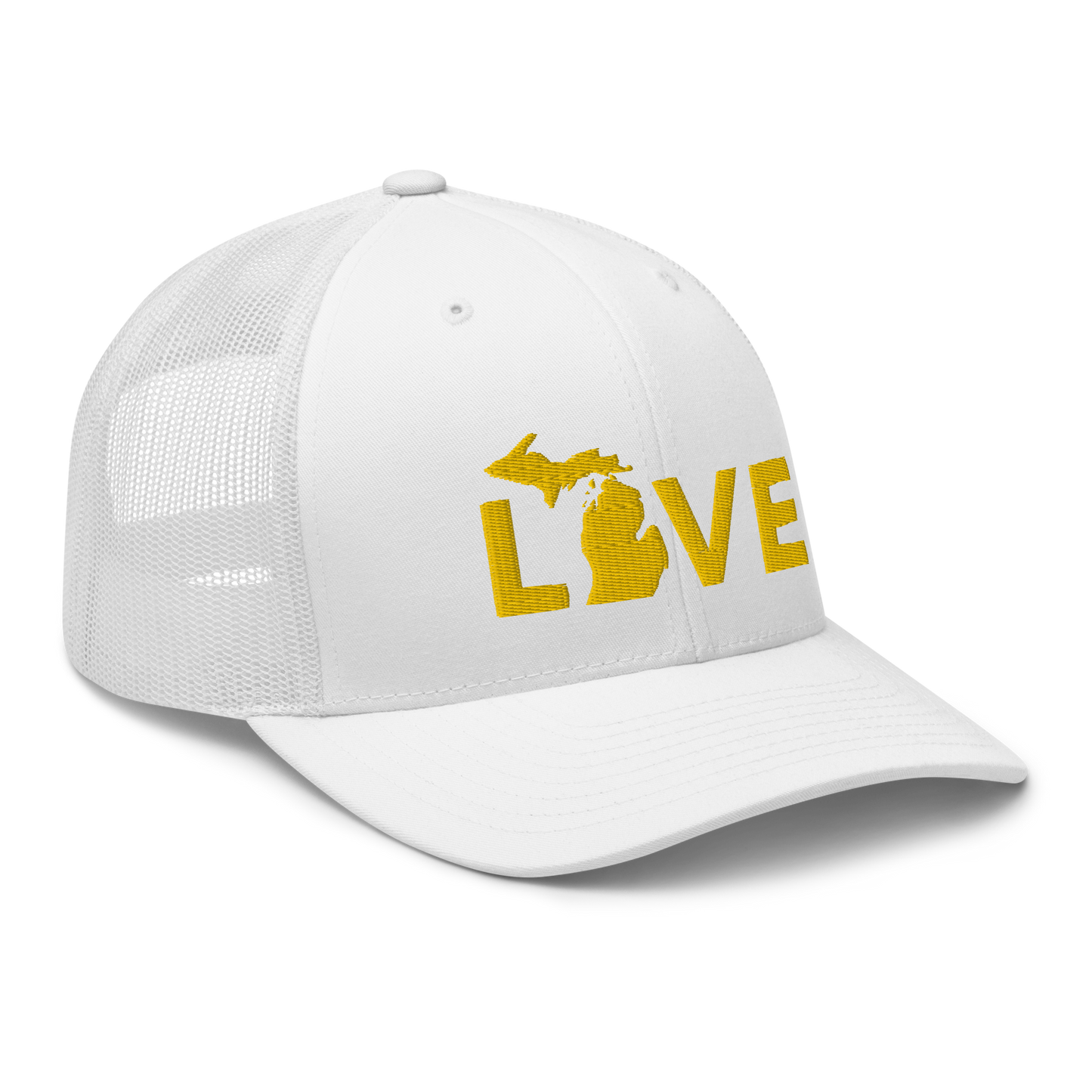 Michigan 'Love' Trucker Hat (Geometric Sans Font) | Gold Embroidery