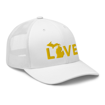 Michigan 'Love' Trucker Hat (Geometric Sans Font) | Gold Embroidery