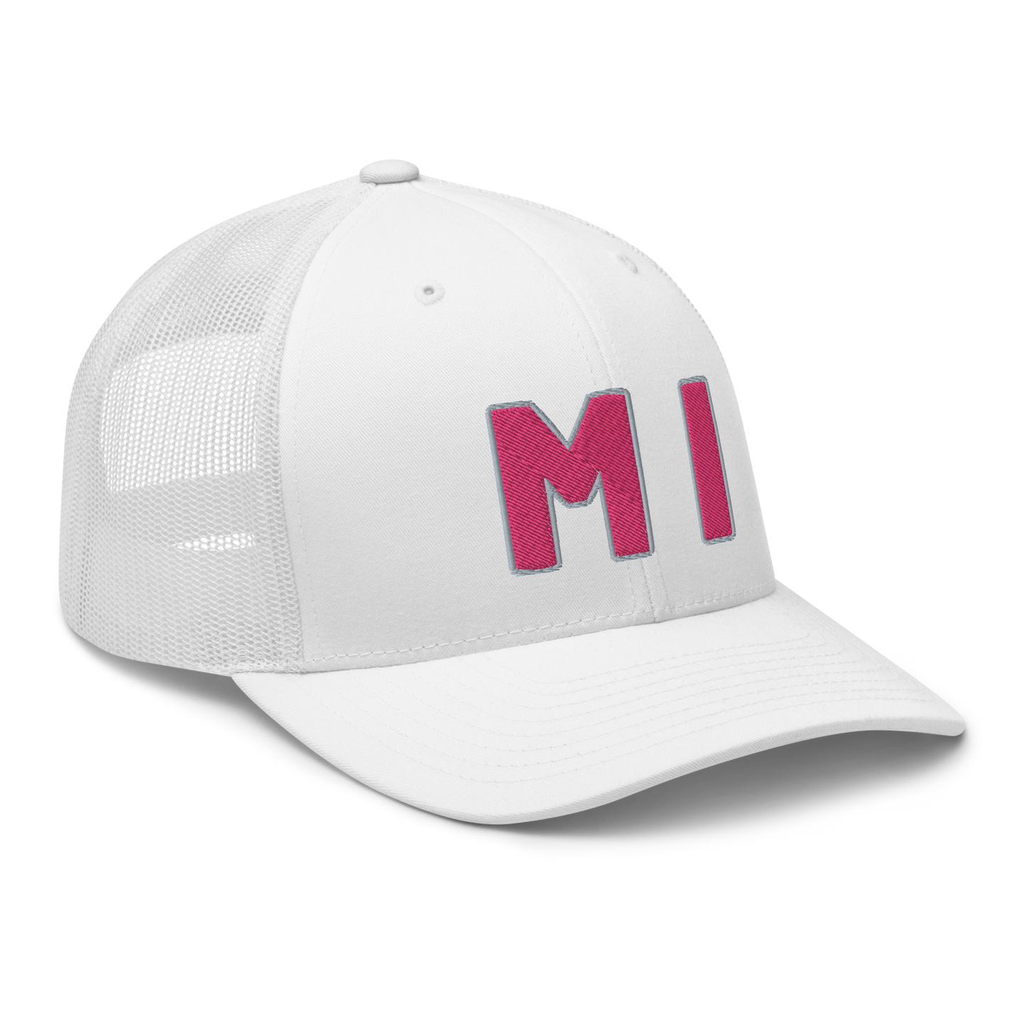 Michigan 'MI' Trucker Hat (1940s Baseball Font) | Pink Embroidery