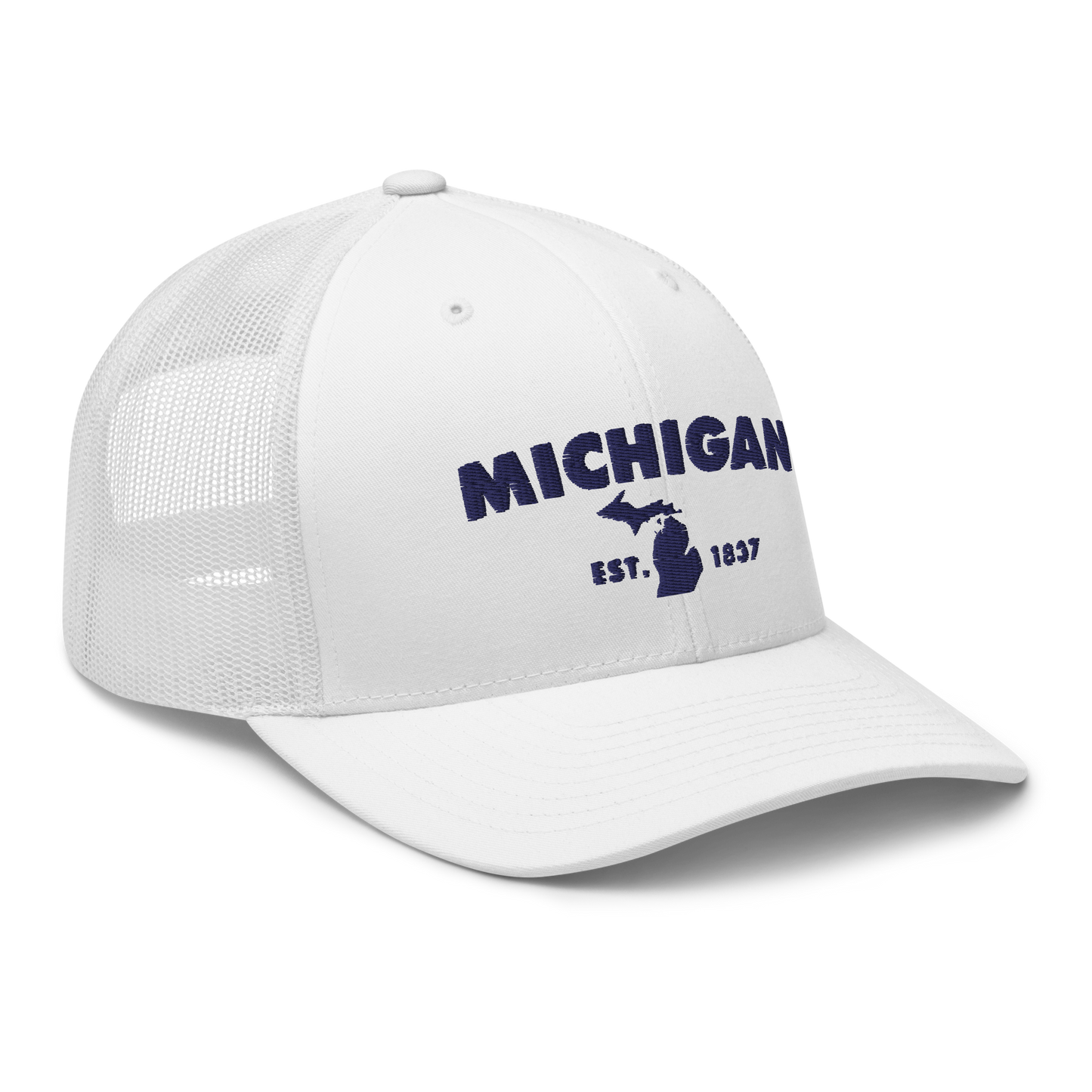 'Michigan EST 1837' Trucker Hat (Geometric Sans Font)