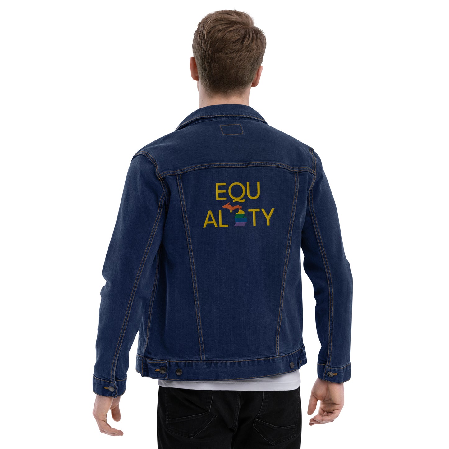 Michigan 'Equality' Denim Jacket (LGBTQ Pride Colors) | Unisex Embroidered