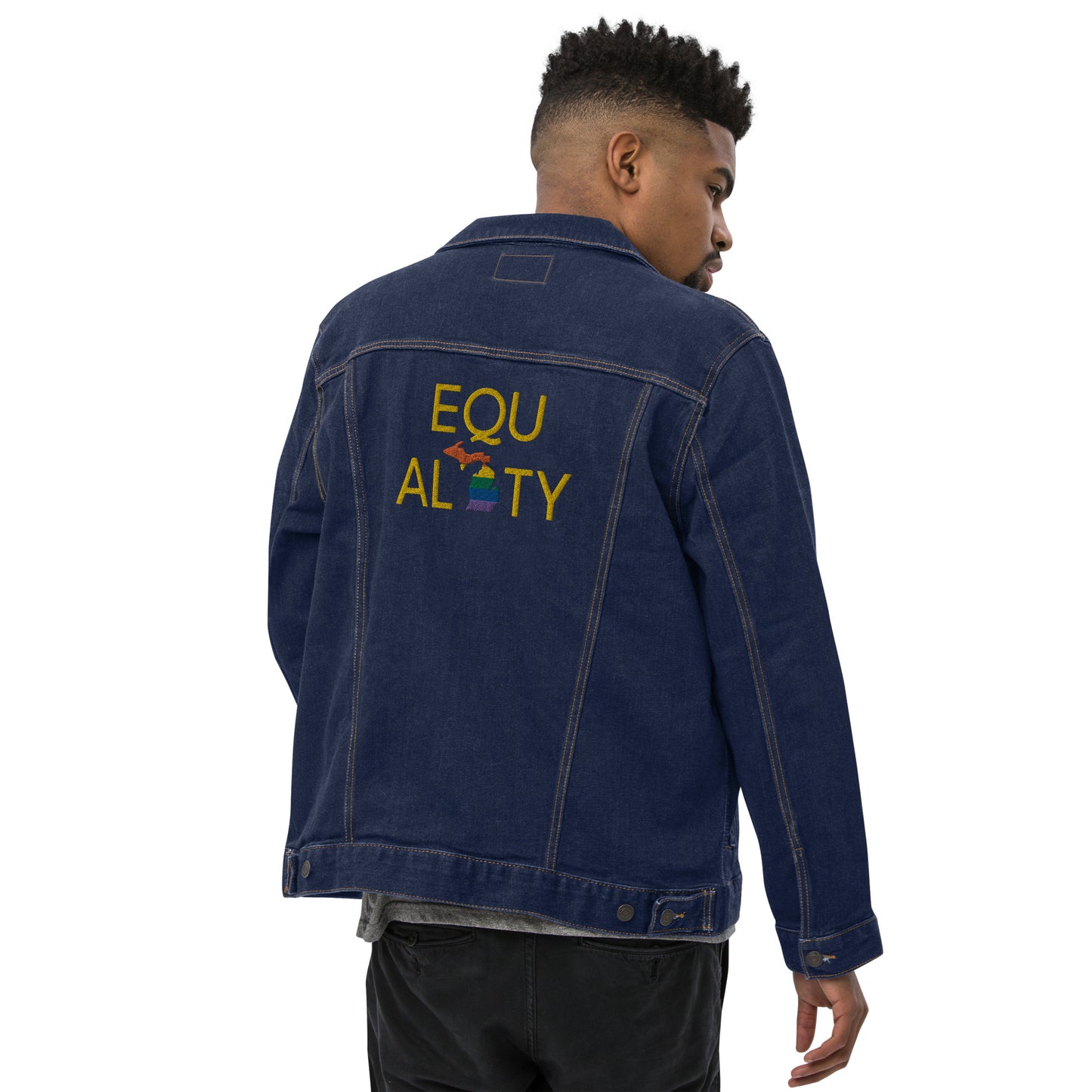 Michigan 'Equality' Denim Jacket (LGBTQ Pride Colors) | Unisex Embroidered