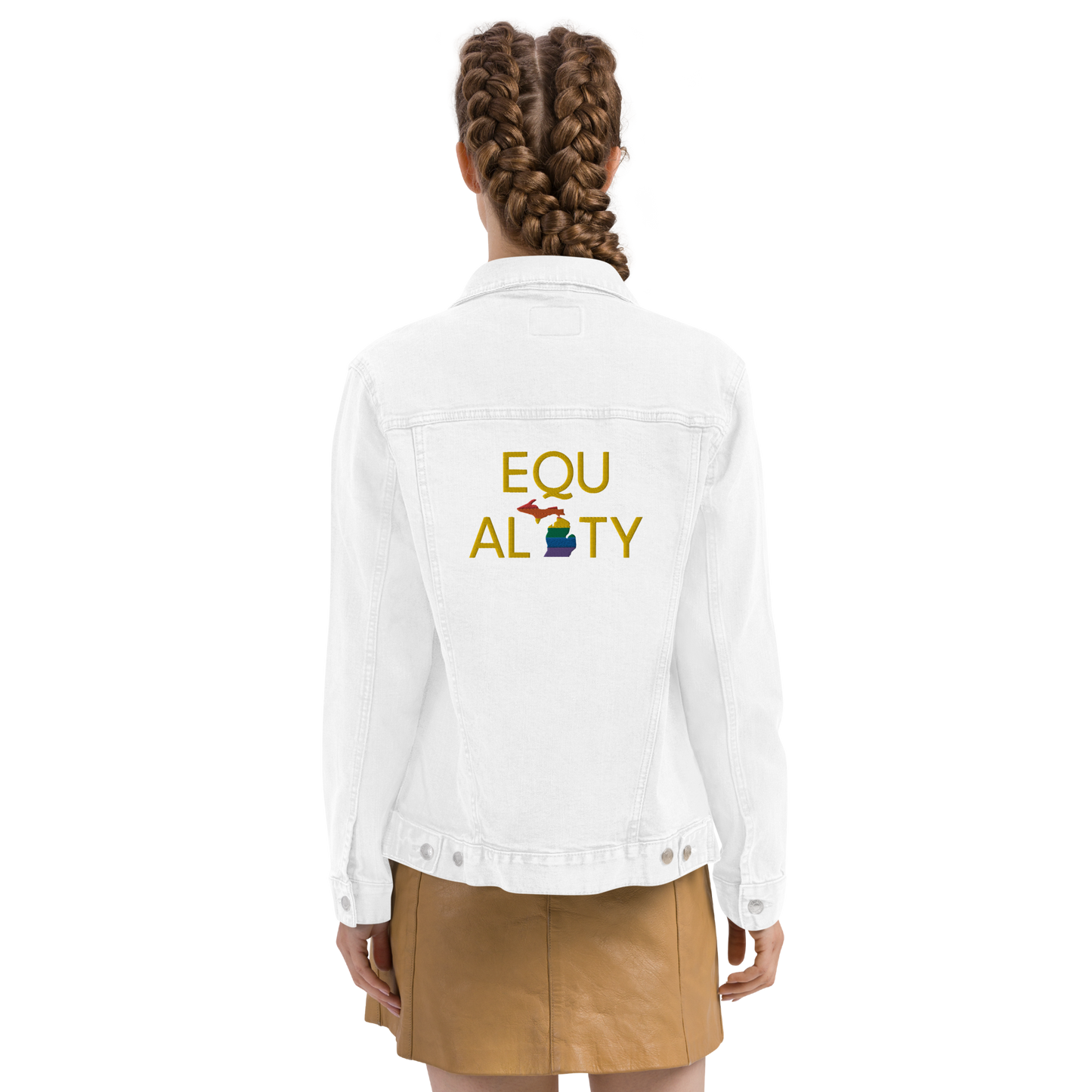 Michigan 'Equality' Denim Jacket (LGBTQ Pride Colors) | Unisex Embroidered