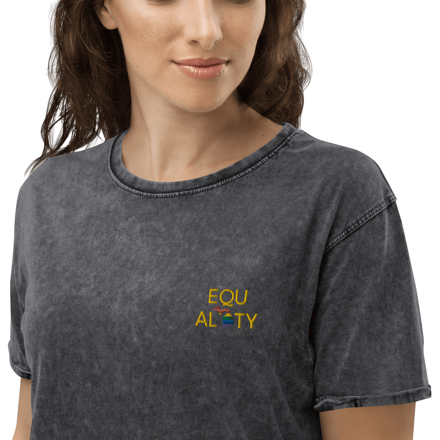 Michigan 'Equality' Denim T-Shirt (LGBTQ Pride Colors) | Embroidered - Circumspice Michigan