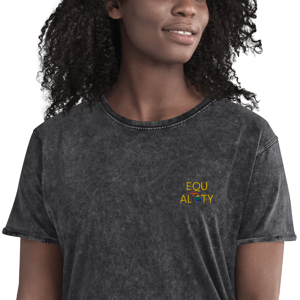 Michigan 'Equality' Denim T-Shirt (LGBTQ Pride Colors) | Embroidered - Circumspice Michigan