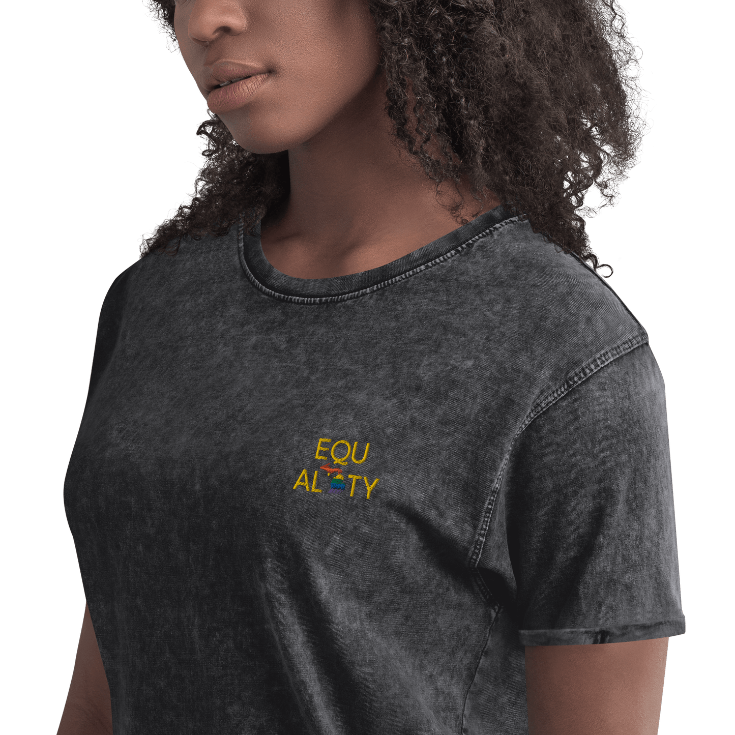 Michigan 'Equality' Denim T-Shirt (LGBTQ Pride Colors) | Embroidered - Circumspice Michigan