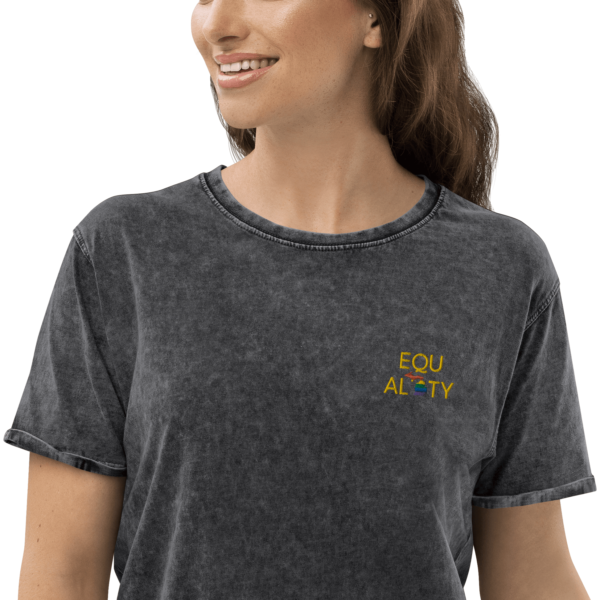 Michigan 'Equality' Denim T-Shirt (LGBTQ Pride Colors) | Embroidered - Circumspice Michigan