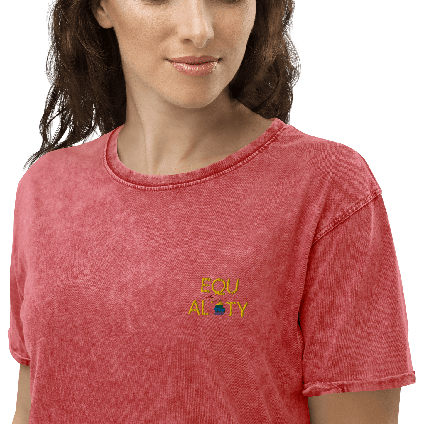 Michigan 'Equality' Denim T-Shirt (LGBTQ Pride Colors) | Embroidered - Circumspice Michigan