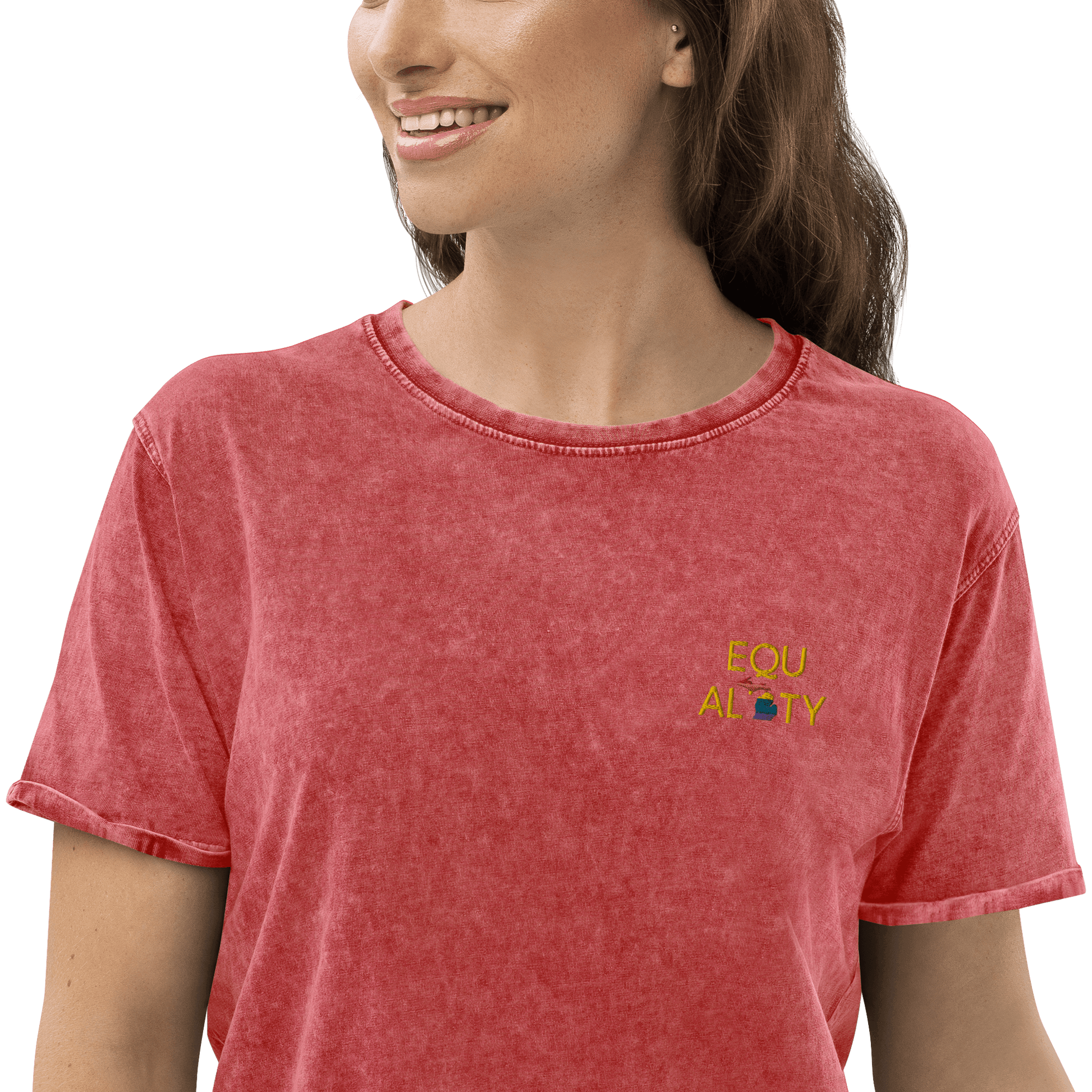 Michigan 'Equality' Denim T-Shirt (LGBTQ Pride Colors) | Embroidered - Circumspice Michigan