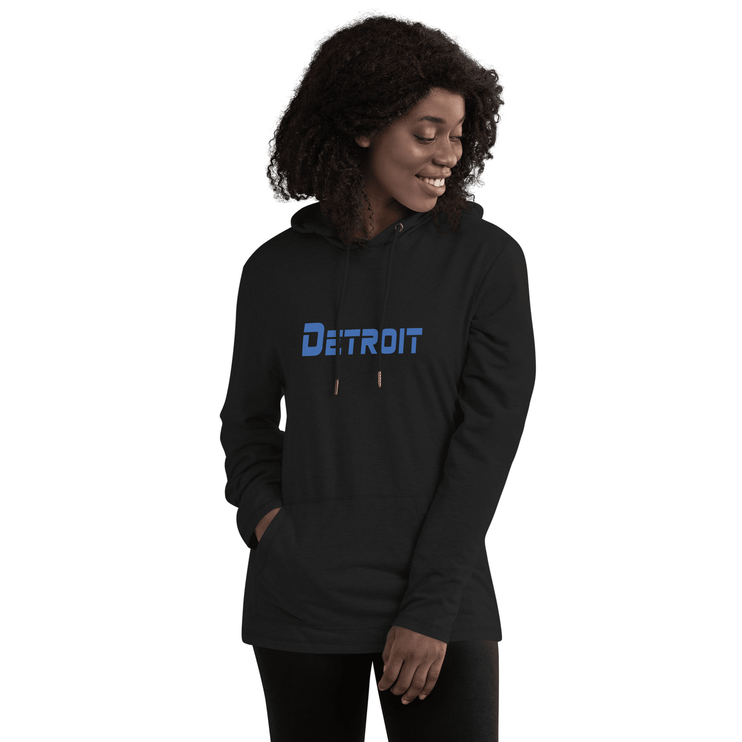 'Detroit' Lightweight Hoodie (Blue 1980s Sci-Fi Font) | Unisex - Circumspice Michigan